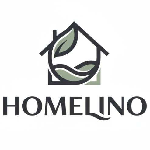 Logo of Homelino with a house and leaf design on a white background